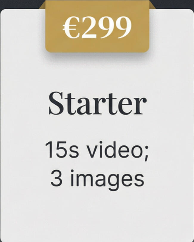 €299 - Starter - 15 seconds video; 3 images
